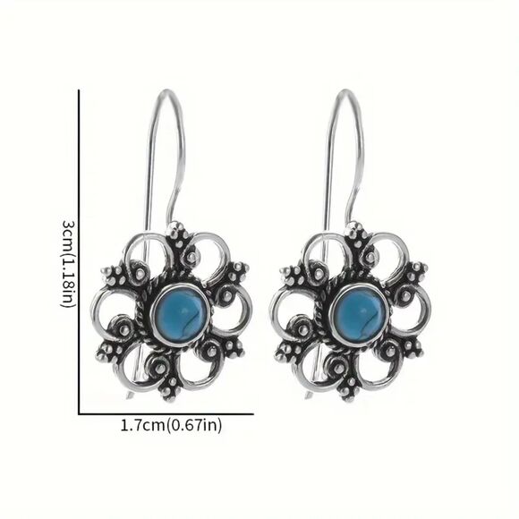 Silver Turquoise Flower Drop Earrings Dangle Pendant Elegant Filigree Charm New - Picture 4 of 6